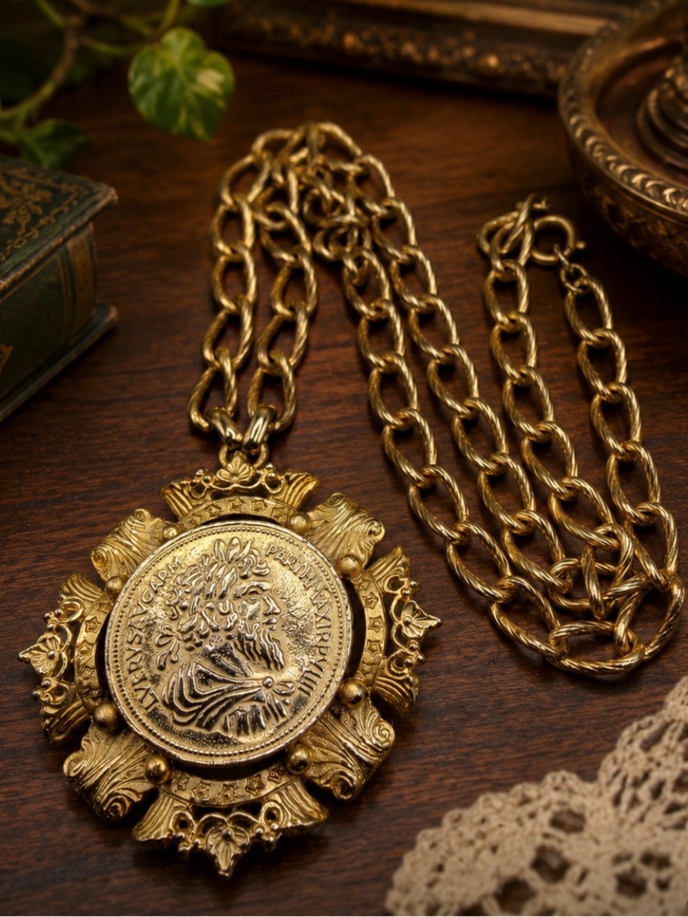 NAPIER Rare Double-Sided Gold Coin Medallion Pendant Necklace
